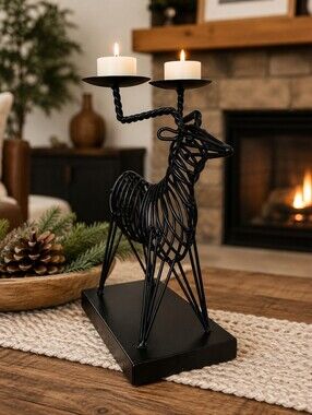 Modern Rustic Black Metal Deer Double Taper Candle Holder | Woodland Decor